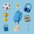 School supplies icons. School bag, calc, winner cup, books, headphones, ball, pencils, brush and palette. 3D render