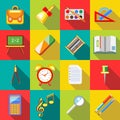 School supplies icons set, flat ctyle Royalty Free Stock Photo