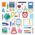 School supplies and items set on a sheet in a cell. Royalty Free Stock Photo