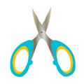 School supplies. A little colorful scissors for kids. Cartoon vector illustration. The all purpose scissors is opened.