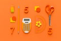 School supplies on orange background, top view. Back to school concept. Royalty Free Stock Photo