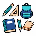 School supplies pencil, notebook, backpack, and more in cartoon style Royalty Free Stock Photo