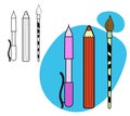 School supplies. Pencil, pen, brush. Set of images. Vector illustration isolated on white background Royalty Free Stock Photo