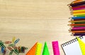 School supplies pencil, pen, ruler, triangle on blackboard bac Royalty Free Stock Photo