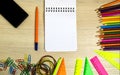 School supplies pencil, pen, ruler, triangle on blackboard bac Royalty Free Stock Photo