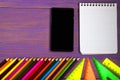 School supplies pencil, pen, ruler, triangle on blackboard bac Royalty Free Stock Photo