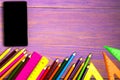 School supplies pencil, pen, ruler, triangle on blackboard bac Royalty Free Stock Photo