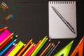 School supplies pencil, pen, ruler, triangle on blackboard bac Royalty Free Stock Photo