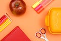 School supplies. Pencils, book, apple, scissors, felt pens and l Royalty Free Stock Photo