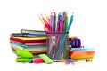School supplies in pile isolated on a white background Royalty Free Stock Photo