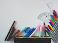 School supplies Placed on a white background in the top view pattern And have free space