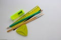 School supplies ruler, pencil, sharpener, eraser, brushes. Royalty Free Stock Photo