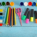 School supplies scissors, paints, modelling clay, markers, penc