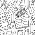 School supplies seamless pattern. Education accessories pencil and pen notebook black line doodle cartoon isolated on white Royalty Free Stock Photo