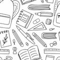 School supplies seamless pattern. Education accessories pencil and pen notebook black line doodle cartoon isolated on white Royalty Free Stock Photo