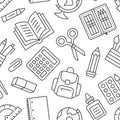 School supplies seamless pattern with line icons. Study tools background - globe, calculator, book, pencil, scissors Royalty Free Stock Photo