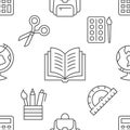 School supplies seamless pattern with line icons. Study tools background - globe, calculator, book, pencil, scissors