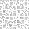 School supplies seamless pattern with line icons. Study tools background - globe, calculator, book, pencil, scissors