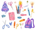 School supplies set. Back to school. Hand draw School equipment icons. Vector cartoon illustration in a flat style on a white Royalty Free Stock Photo
