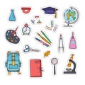 School supplies. Set of cartoon stickers. Vector hand colored drawing.