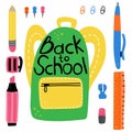 School supplies set. Education workspace accessories backpack with back to school text, pencil and pen, ruler bight colorful