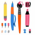 School supplies set. Education workspace accessories, pencil and pen, brush bight colorful doodle cartoon isolated collection for