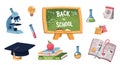 School Supplies Set in Flat Design. Chalkboard, Textbooks, Microscope, Graduation Cap. Education set for Science Projects Royalty Free Stock Photo