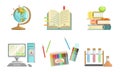 School Supplies Set, Globe, Copybook, Books, Apple, Computer, Pencil, Test Tubes Vector Illustration Royalty Free Stock Photo