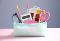 School supplies set.Pencil case with accessories. Back to school objects Royalty Free Stock Photo