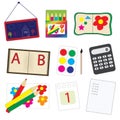 School supplies set, a set of cartoon school icons. Vector illustration Royalty Free Stock Photo