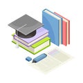 School supplies set. Stack of books, notebook, marker, graduation cap isometric vector illustration