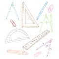 School supplies set. Vector illustration set of rulers, compasses, pencils, paper clips. Hand drawn office stationery paper clips,