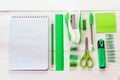 School supplies in shades of green on a background of white wood Royalty Free Stock Photo