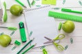 School supplies in shades of green on a background of white wood Royalty Free Stock Photo