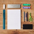 School supplies, stationary or equipment for young working and studying students top view. Assortment, variety or array