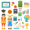 School supplies stationery equipment and schoolkid vector illustration.