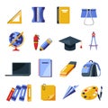 School supplies, stationery tools, backpack and laptop, isolated icons Royalty Free Stock Photo