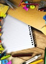 School supplies and stationery with white paper on wooden table with copyspace Royalty Free Stock Photo