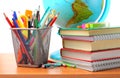 School supplies on the table, white background. Pencils, pens, rulers, globe, books and notebooks. Back to school concept Royalty Free Stock Photo