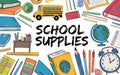 School supplies text design with bus and globe books pencils Royalty Free Stock Photo