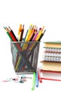 School supplies and textbooks on a white background.Back to school concept Royalty Free Stock Photo