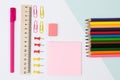 School supplies. Top view photo of stickers, paper clips and pin Royalty Free Stock Photo
