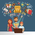 School supplies vector education schooling accessory for schoolchilds backdrop family dad mom with kids buying Royalty Free Stock Photo
