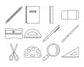 School supplies vector illustration set, back to school, pencil, book, ruler, eraser. Flat design outline Royalty Free Stock Photo