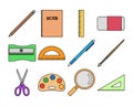 School supplies vector illustration set, back to school, pencil, book, ruler, eraser. Flat design outline Royalty Free Stock Photo