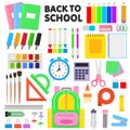 School supplies vector schooling tools pen colorful pencils markers scissors and student accessories illustration set of Royalty Free Stock Photo