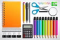 School supplies vector set with color pencils notebook, pens and office supplies Royalty Free Stock Photo