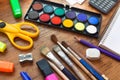 School supplies on wooden table