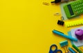 School supplies on yellow background. Back to school concept with space for text. Top view. Copy space. School office supplies Royalty Free Stock Photo