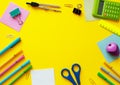 School supplies on yellow background. Back to school concept with space for text. Top view. Copy space. School office supplies Royalty Free Stock Photo